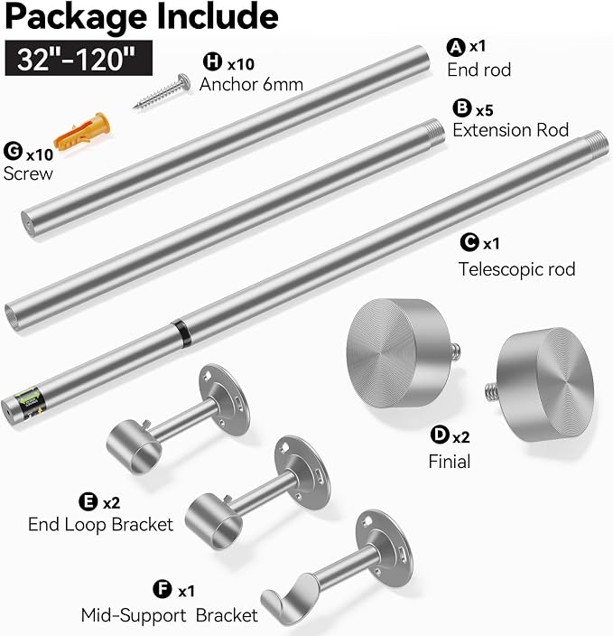 YaFex Heavy Duty Curtain Rods 32-120 Inch, 1 Inch Adjustable Silver Curtain Rod - Image 9