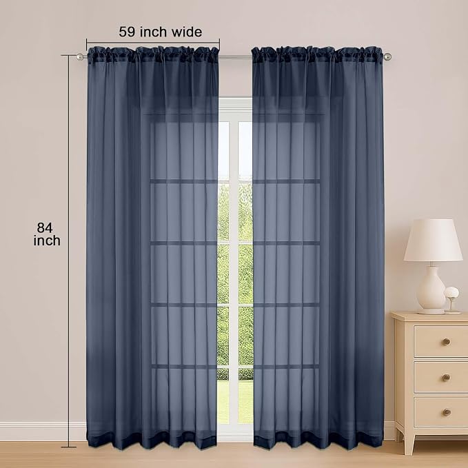 OWENIE Sheer Curtains 84 Inches Long 2 Panels Set, Sheer Navy Blue Curtains - Image 2