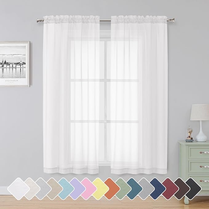Simplebrand Sheer White Curtains 63 Inch Length 2 Panels, Rod Pocket Solid by Simplebrand