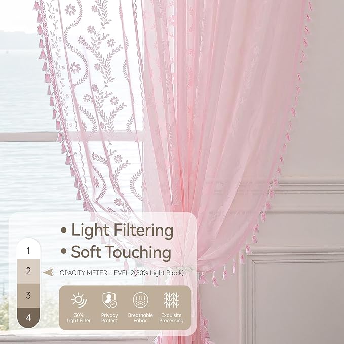 WAZZIO Boho Lace Curtains 63 Inch 2 Panels -Sheer Panel Drape Floral Pattern & - Image 5
