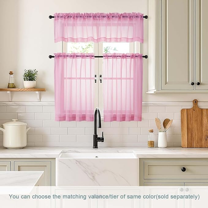 Light Pink Sheer Curtains Tier 30 Inches Length 2 Panels, Light Filtering - Image 2