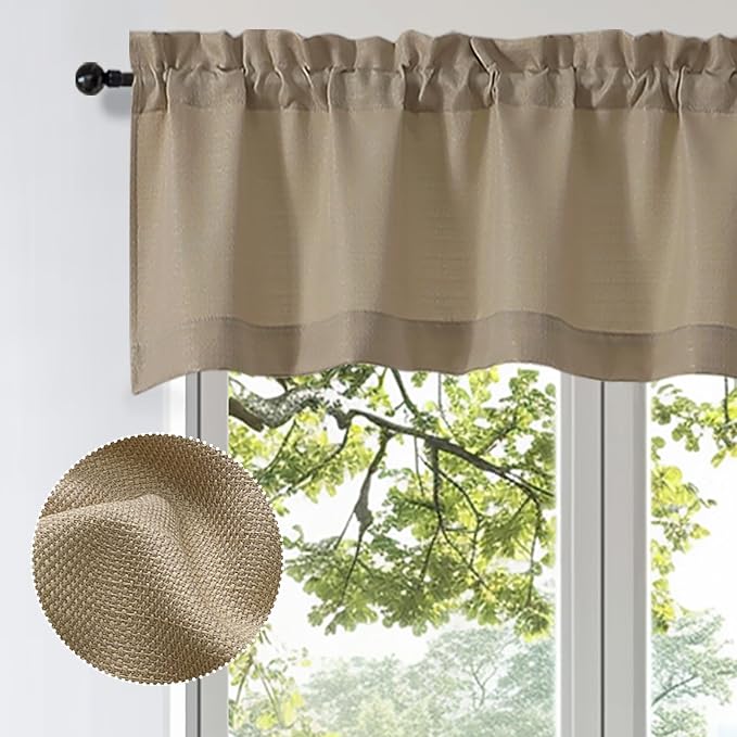 OWENIE Bob Valance Curtains 18 Inch Length 1 Piece, Faux Linen Slub Solid Camel - Image 2