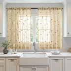 MIULEE Beige Sheer Curtains 2 Panels Embroidered Leaf Patterned Rod Pocket - Image 2