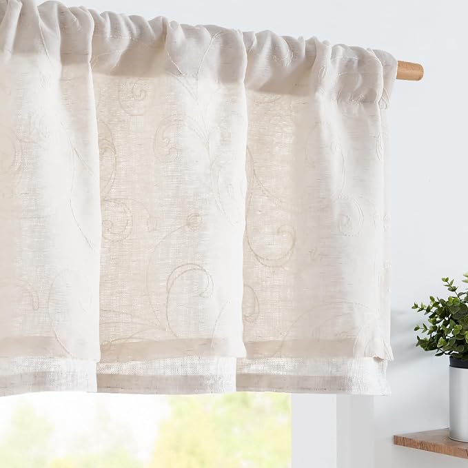 jinchan Linen Valance for Window Embroidered Farmhouse Light Filtering Voile by JINCHAN
