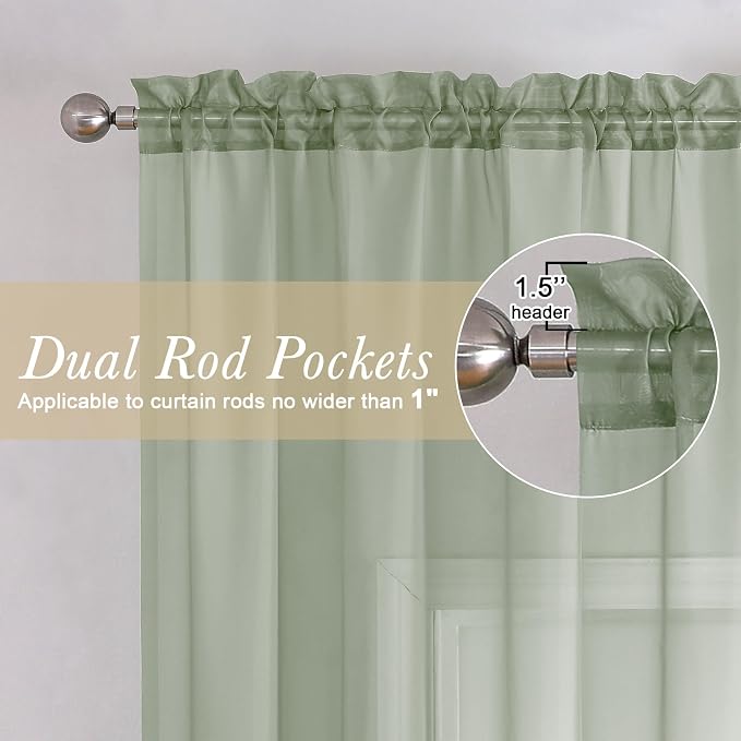 Lecloud Sage Green Sheer Curtains 84 Inches Long 2 Panels Set, Solid Airy Voile - Image 4