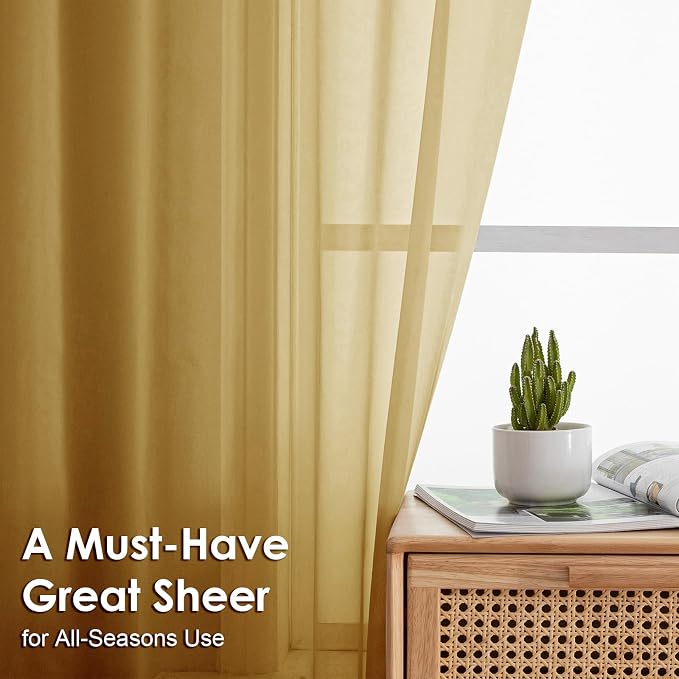 OVZME Gold Sheer Curtains 72 Inches Long 2 Panels - Image 2