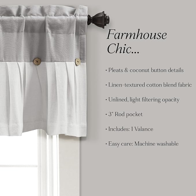 Lush Decor Linen Button Farmhouse Valance Curtians 52"W x 18"L Gray & Off White - Image 6