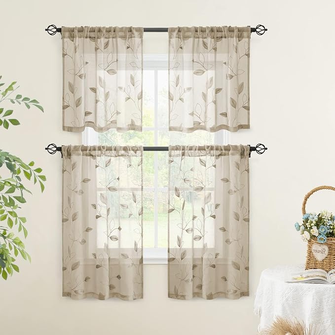 HOMEIDEAS Taupe Sheer Kitchen Curtains 30 X 36 Inch Length 2 Panels Beige - Image 5