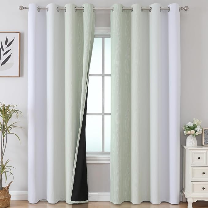 Estelar Textiler Sage and Grayish White Blackout Curtains 108 Inches Long - Image 2