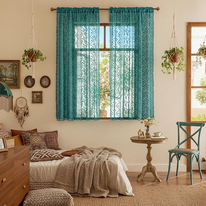 WAZZIO Boho Lace Curtains 2 Panels 63 Inch -Victorian Sheer Panel Drape French - Image 2