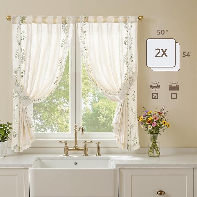 jinchan Belrose Linen Floral Cafe Curtains 54 Inch Length Embroidered Farmhouse - Image 5