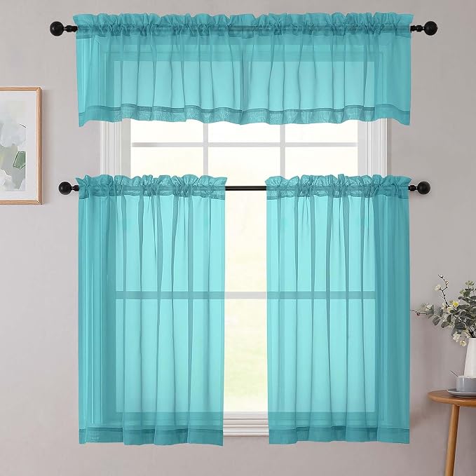 Turquoise Kitchen Curtains 30 Inch Length Tier 2 PCS, Solid Soft Half Curtains - Image 8