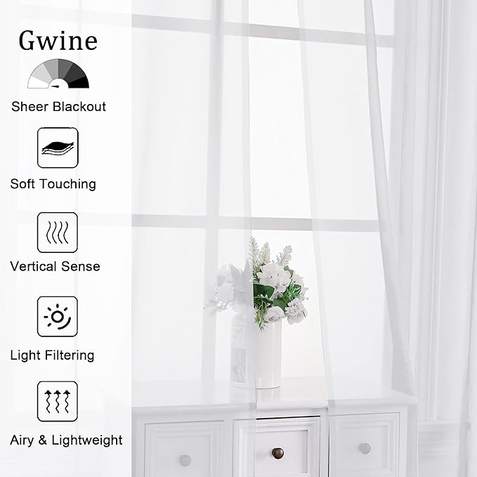 Gwine White Sheer Curtains 108 Inches Long 2 Panels Set, Voile Light Filtering - Image 2