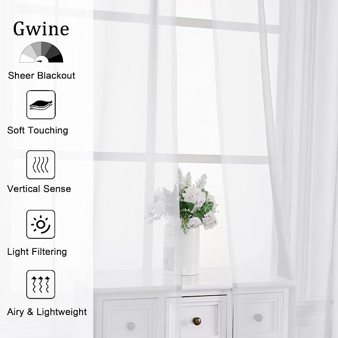 Gwine White Sheer Curtains for Bedroom 54 inches Long 2 Panels, Light Filtering - Image 2