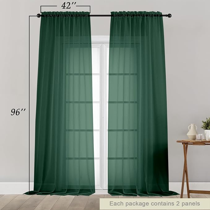 Hunter Green Sheer Curtains for Bedroom Living Room 96 Inches Long 2 Panels - Image 2