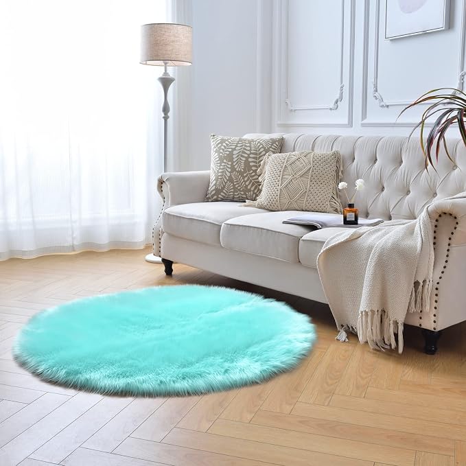 duduta Turquoise Blue Faux Sheepskin Round Rug 4x4 ft, Fluffy Shag Fur Bedroom - Image 7