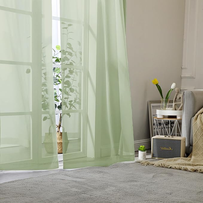 Lecloud Light Green Sheer Curtains 96 Inches Long 2 Panels, Modern Light - Image 2