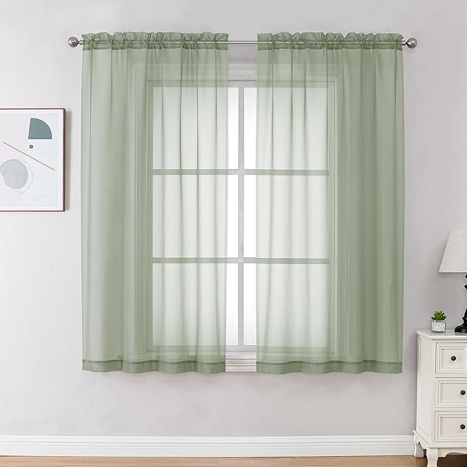 OVZME Light Green Sheer Curtains 63 inch Length 2 Panels Set by OVZME