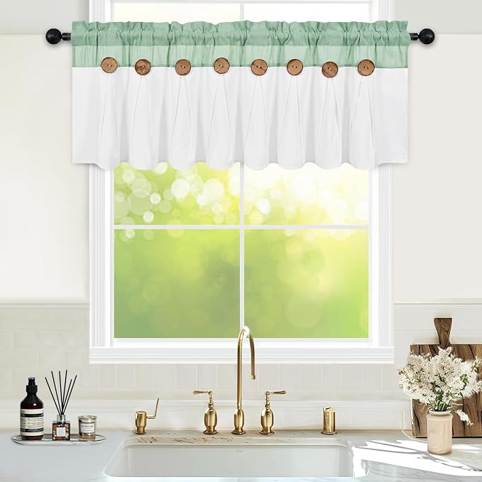FRAMICS Farmhouse Valance Curtains, Boho Cotton Linen Kitchen Valance, Sage - Image 2