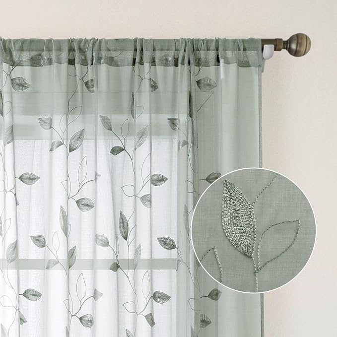 HOMEIDEAS Sage Green Sheer Kitchen Curtains 52 x 45 Inch Length 2 Panels - Image 3