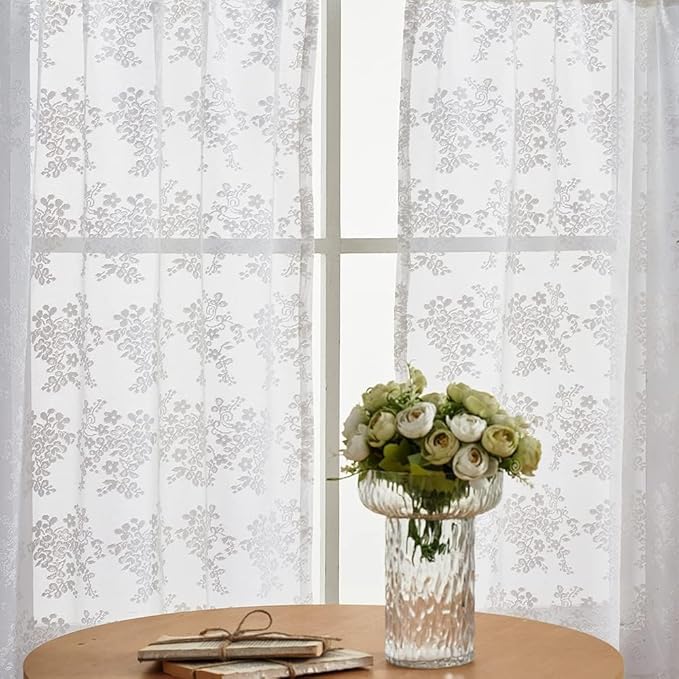 YJ YANJUN Vintage Lace Curtains 30 Inch Length Pair Short White Sheer Kitchen - Image 3