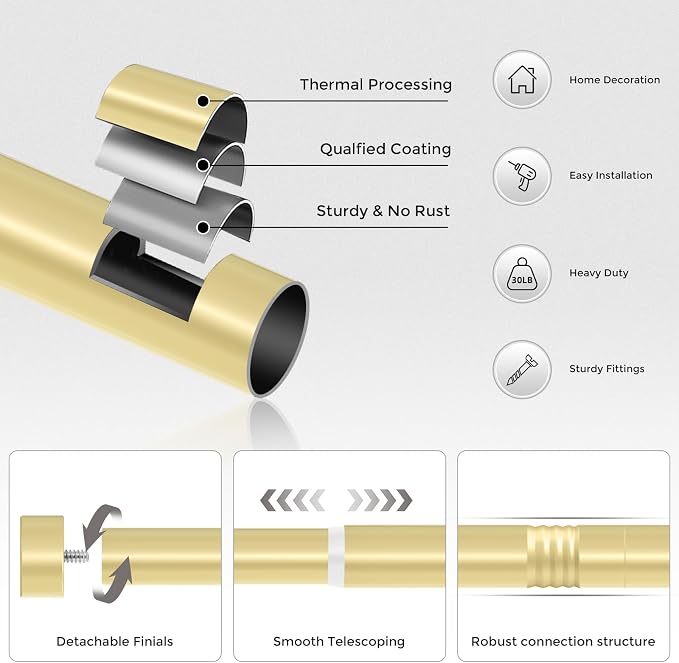 VOIIY 2 Pack Gold Curtain Rods for Windows 28 to 48 Inch, Size:30''-60'' - Image 7