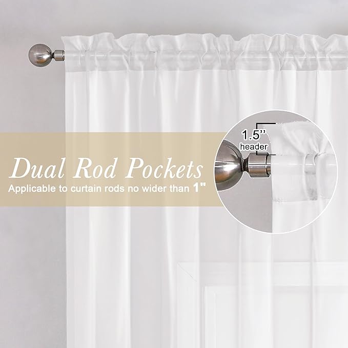 Lecloud White Sheer Curtains 63 Inch Length 2 Pcs, Light Filtering Rod Pockets - Image 3
