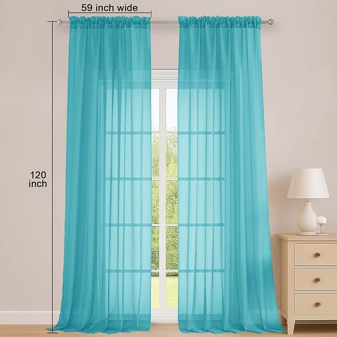 OWENIE Turquoise Sheer Curtains 120 Inches Long 2 Panels Set, Airy Lightweight - Image 2