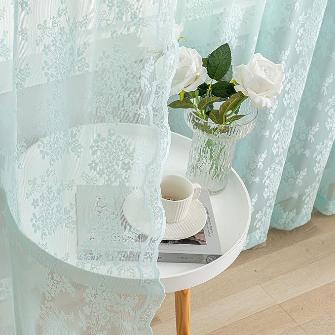 YJ YANJUN Vintage Lace Curtains 84 Inches Long-Victorian Floral Pattern Aqua - Image 7