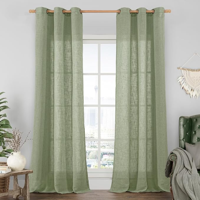 LAMIT Sage Green Linen Curtains 84 inch Length, Semi Sheer Light Filtering by LAMIT