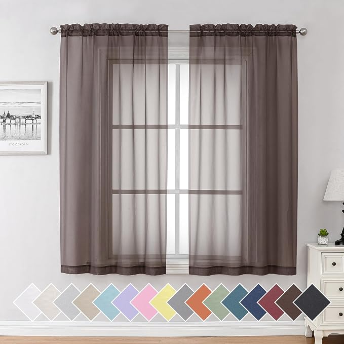 Aiyufeng Chocolate Sheer Curtains 63 Inches Long 2 Panels, Solid Voile Top Dual by Aiyufeng