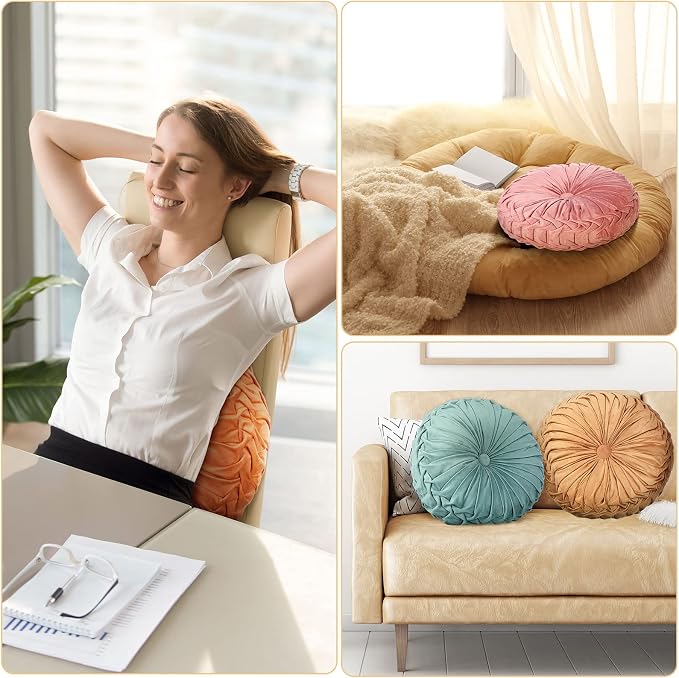 Kathfly Set of 4 Decorative Round Pleated Throw Pillows, Classy Velvet Pumpkin - Image 6