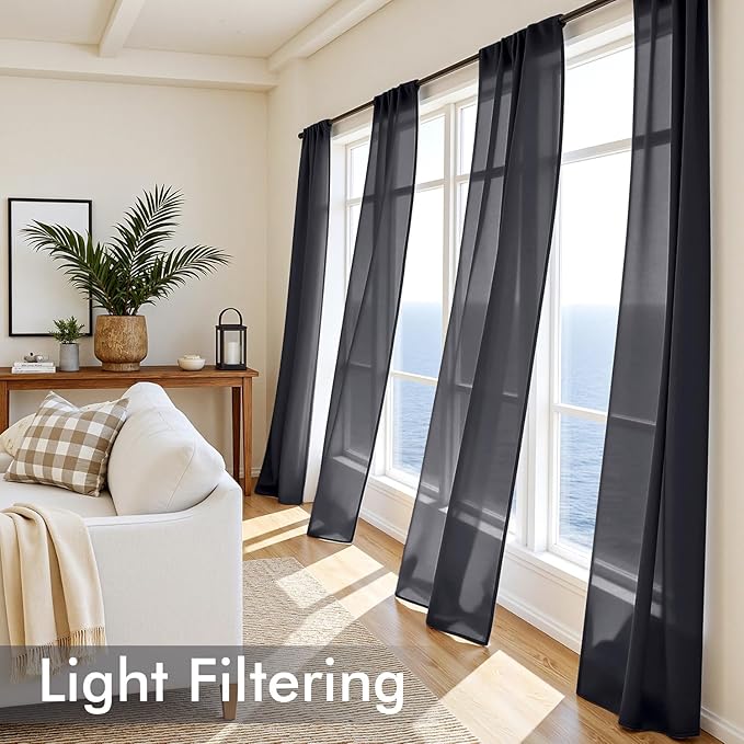 MIULEE Black Sheer Curtains 102 Inches Long 4 Panels Set, Light Filtering Rod - Image 4