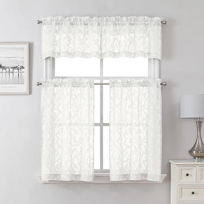 Lecloud Leia Ivory Sheer Kitchen Curtains 24 Inch Length 2 Pcs, Jacquard - Image 6