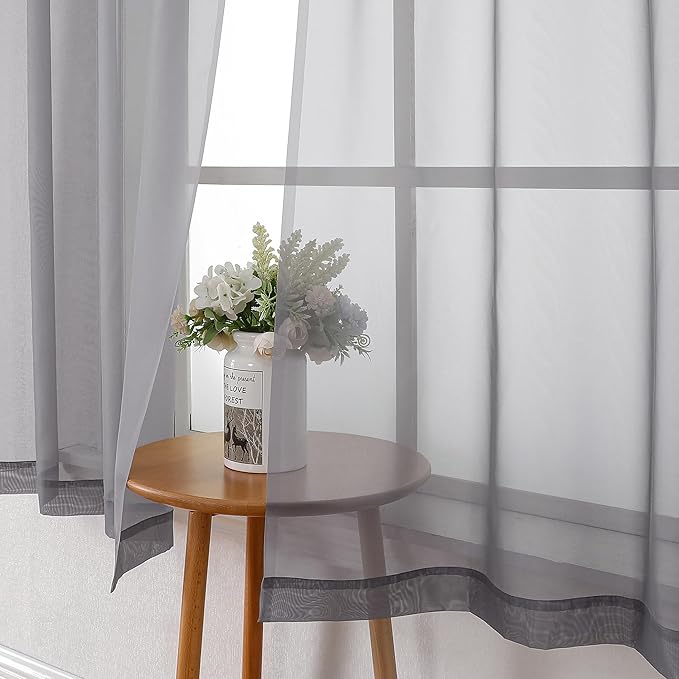 Lecloud Charcoal Grey Sheer Curtains 54 Inch Length 2 Panels, Light Filtering - Image 6