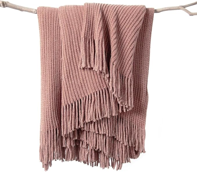 lifein Pink Throw Blanket for Couch, Soft Boho Decor Bed Throw, Cozy Chenille by lifein