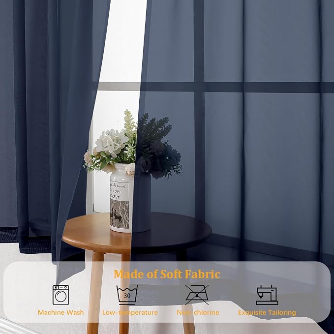 Gwine Navy Blue Sheer Curtains 96 Inches Long 2 Panels, Elegant Window - Image 7