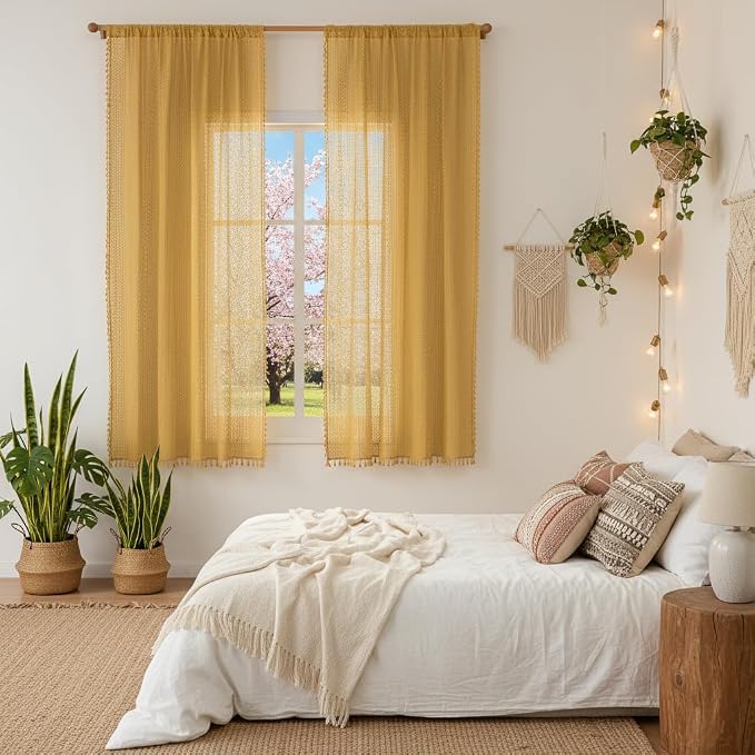 WAZZIO Boho Lace Curtains 63 Inches 2 Panel, Light Filtering Privacy Tassel & - Image 3