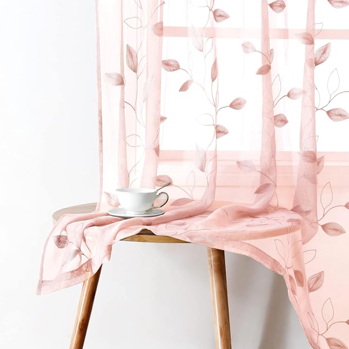 HOMEIDEAS Blush Pink Sheer Curtains 52 X 96 Inches Length 2 Panels Embroidered - Image 7