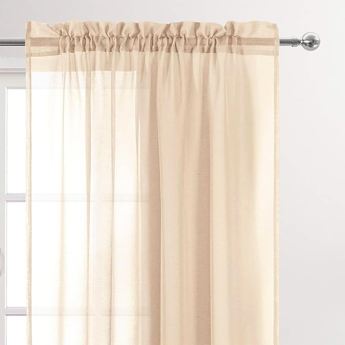 DWCN Beige Sheer Curtains Semi Transparent Voile Rod Pocket Curtains - Image 3