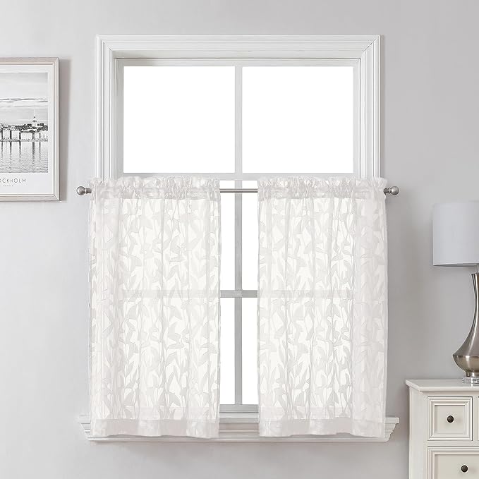 Lecloud Leia Ivory Sheer Curtains 30 Inch Length 2 Pcs, Jacquard Leaf Textured by Lecloud