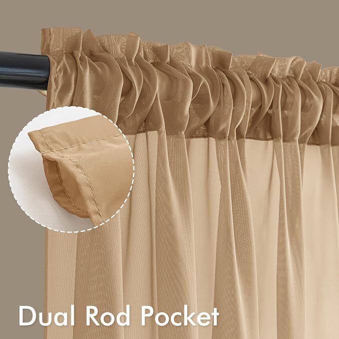 MIULEE Brown Sheer Curtains 102 Inches Long, 4 Panels Set, Light Filtering Rod - Image 3
