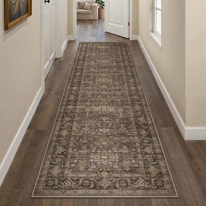 2x12 Washable Runner Rug for Hallway Kitchen Vintage Brown Non Slip Low Pile by WondRg