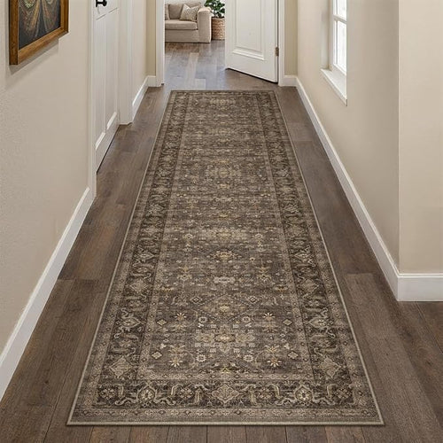 2'6x12 Washable Runner Rug for Hallway Kitchen Vintage Brown Non Slip Low Pile by WondRg