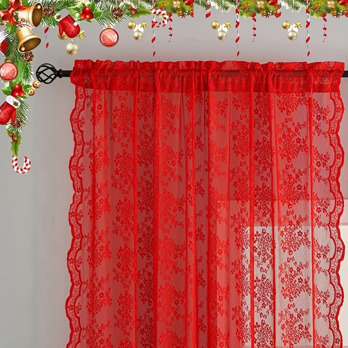 YJ YANJUN Vintage Lace Curtains 63 Inch Length 2 Panels Set Christmas Red Sheer - Image 2