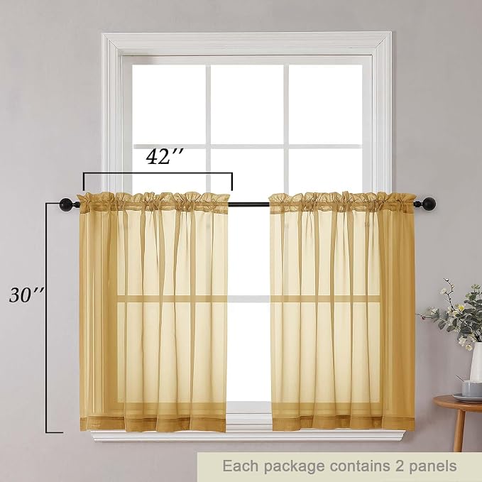Gold Kitchen Curtains 30 Inch Length Tier 2 PCS, Solid Soft Airy Half Curtains - Image 2