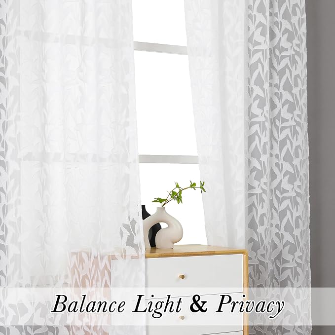 Lecloud Leia White Sheer Curtains 96 Inches Long 2 Panels, Airy Voile Jacquard - Image 3