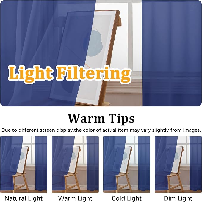Gwine Royal Blue Sheer Kitchen Curtains 36 Inch Length, Light Filtering Voile - Image 5