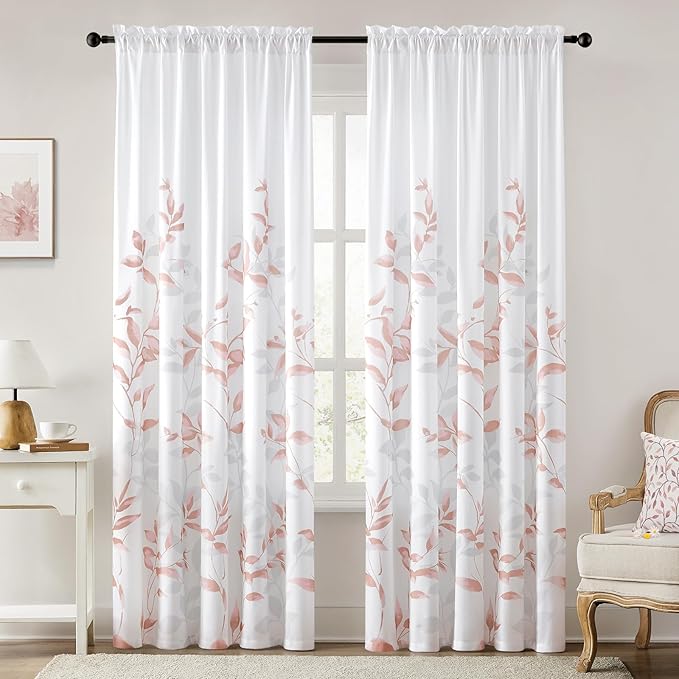 HOMEIDEAS Non-See-Through Pink and White Privacy Sheer Curtains 52 X 84 Inch by HOMEIDEAS