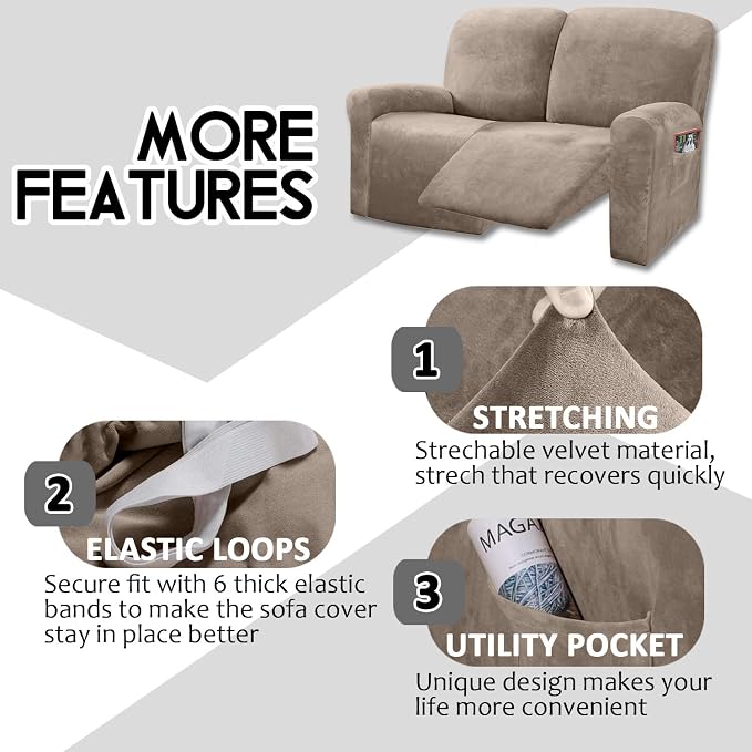 ULTICOR Reclining Love Seat Sofa Cover, 48-65'' L, Velvet Stretch - Image 4
